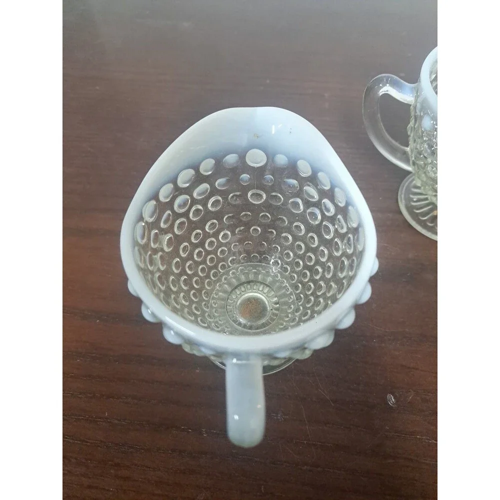 1940s Anchor Hocking Opalescent Hobnail Open Sugar Bowl And Creamer